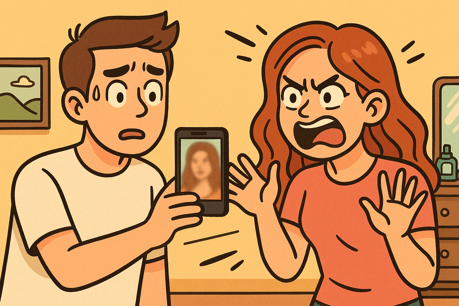 Cartoon couple arguing over a blurry phone photo