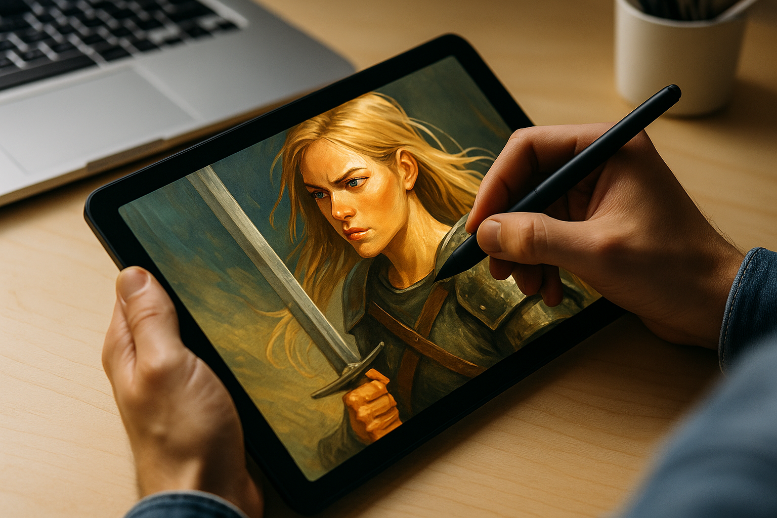 Digital artist detailing a warrior illustration on a tablet with a stylus